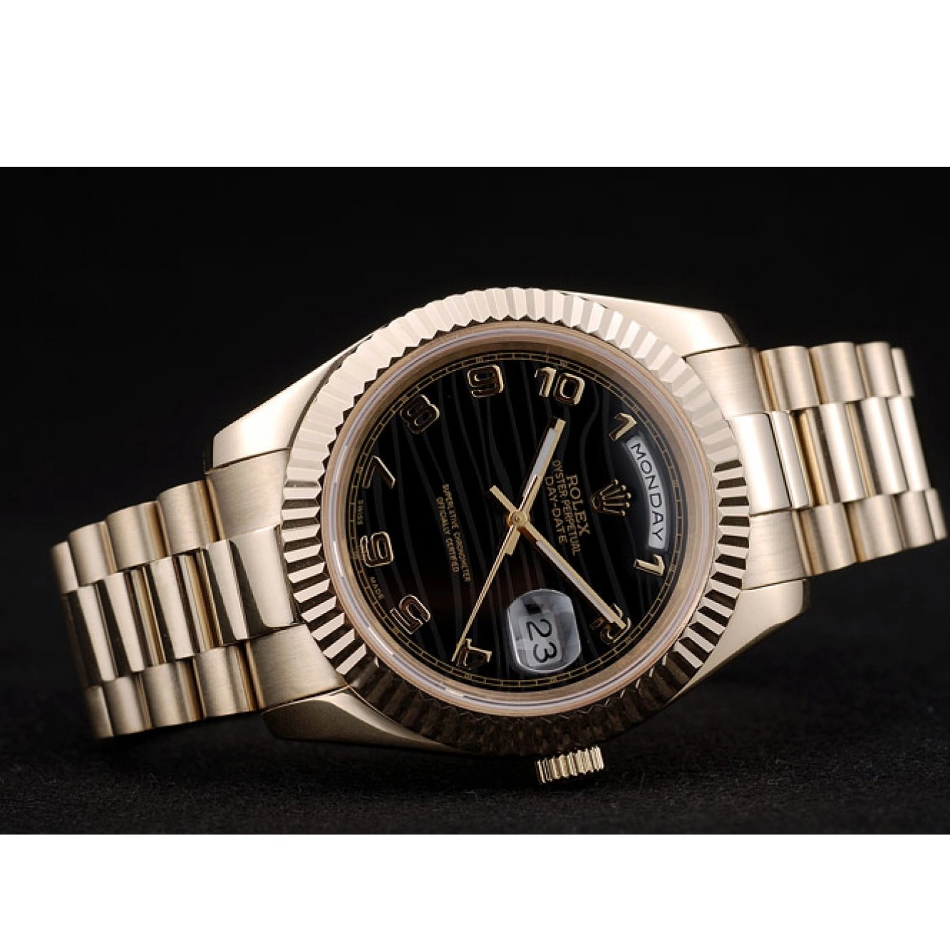 MiroTime 0725 Rolex Swiss DayDate Gold Stainless Steel Ribbed Bezel Black Dial 41998